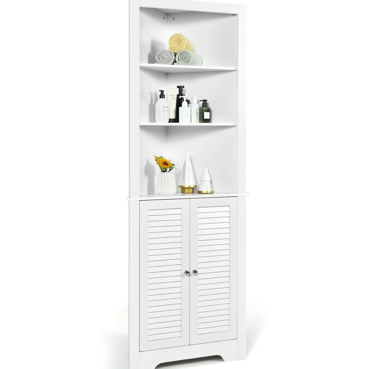 Tangkula Bathroom Corner Storage Cabinet, Free Standing Tall Collection Cabinet with 3 Open Shelves