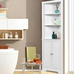 Tangkula Bathroom Corner Storage Cabinet, Free Standing Tall Collection Cabinet with 3 Open Shelves