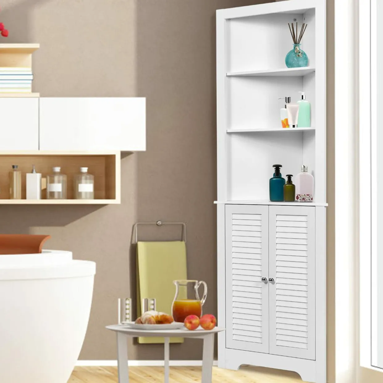 Tangkula Bathroom Corner Storage Cabinet, Free Standing Tall Collection Cabinet with 3 Open Shelves