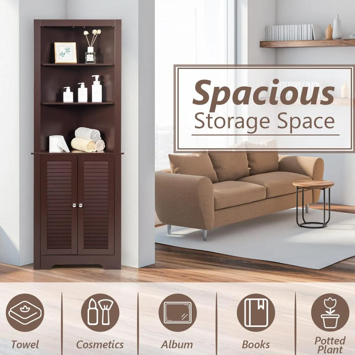 Tangkula Bathroom Corner Storage Cabinet, Free Standing Tall Collection Cabinet with 3 Open Shelves