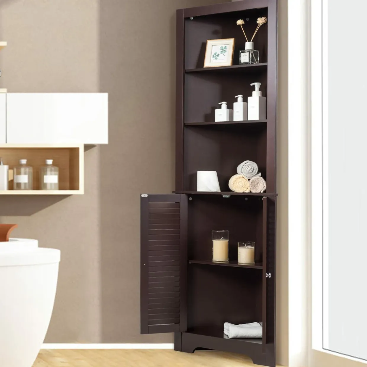 Tangkula Bathroom Corner Storage Cabinet, Free Standing Tall Collection Cabinet with 3 Open Shelves