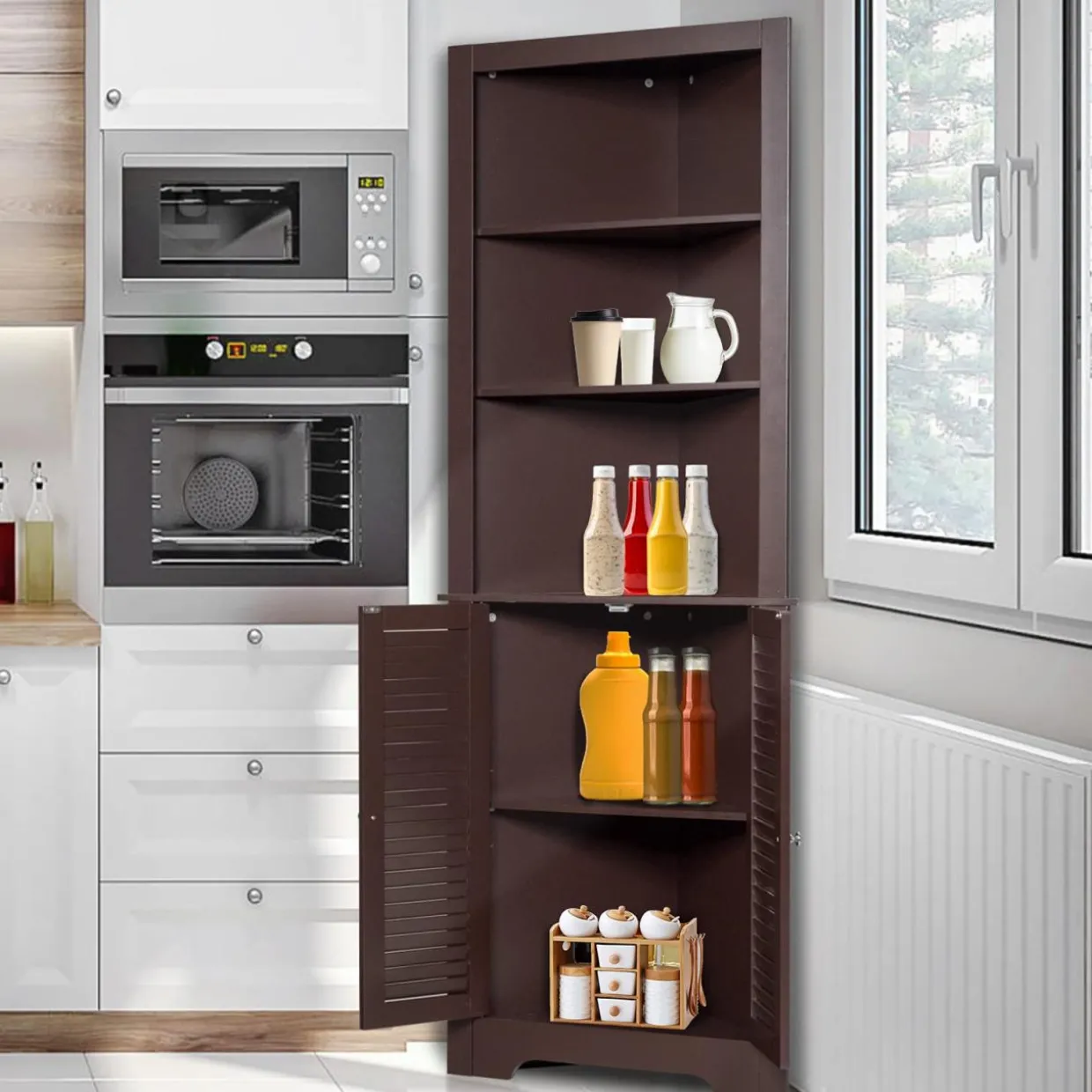 Tangkula Bathroom Corner Storage Cabinet, Free Standing Tall Collection Cabinet with 3 Open Shelves