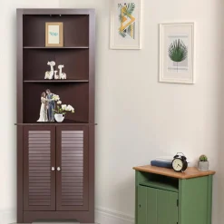 Tangkula Bathroom Corner Storage Cabinet, Free Standing Tall Collection Cabinet with 3 Open Shelves