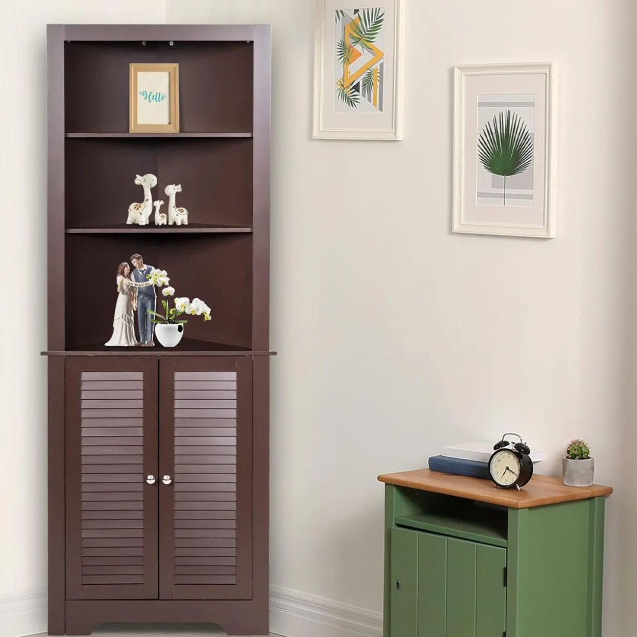 Tangkula Bathroom Corner Storage Cabinet, Free Standing Tall Collection Cabinet with 3 Open Shelves