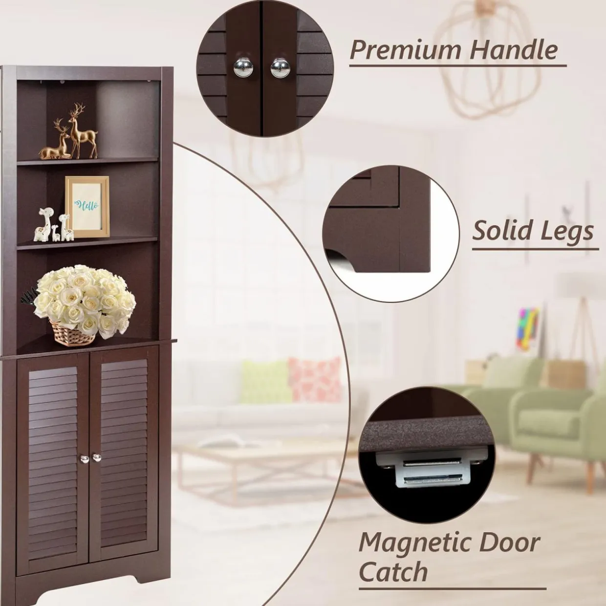 Tangkula Bathroom Corner Storage Cabinet, Free Standing Tall Collection Cabinet with 3 Open Shelves