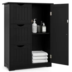 Tangkula Bathroom Floor Cabinet, Freestanding Side Storage Cabinet w/ 3 Drawers & 1 Cupboard