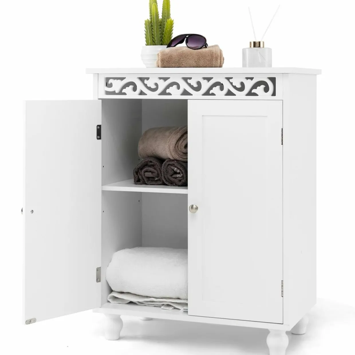 Tangkula Bathroom Floor Cabinet, Modern Carved Design Freestanding Storage Cabinet (White)