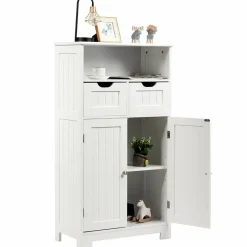 Tangkula Bathroom Floor Cabinet, Storage Cabinet w/One Open Shelf Two Doors and Two Adjustable Drawers, Standing Cupboard for Kitchen