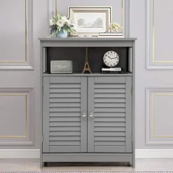 Tangkula Bathroom Floor Cabinet, Wooden Freestanding Storage Cabinet with Double Shutter Door & Adjustable Shelf