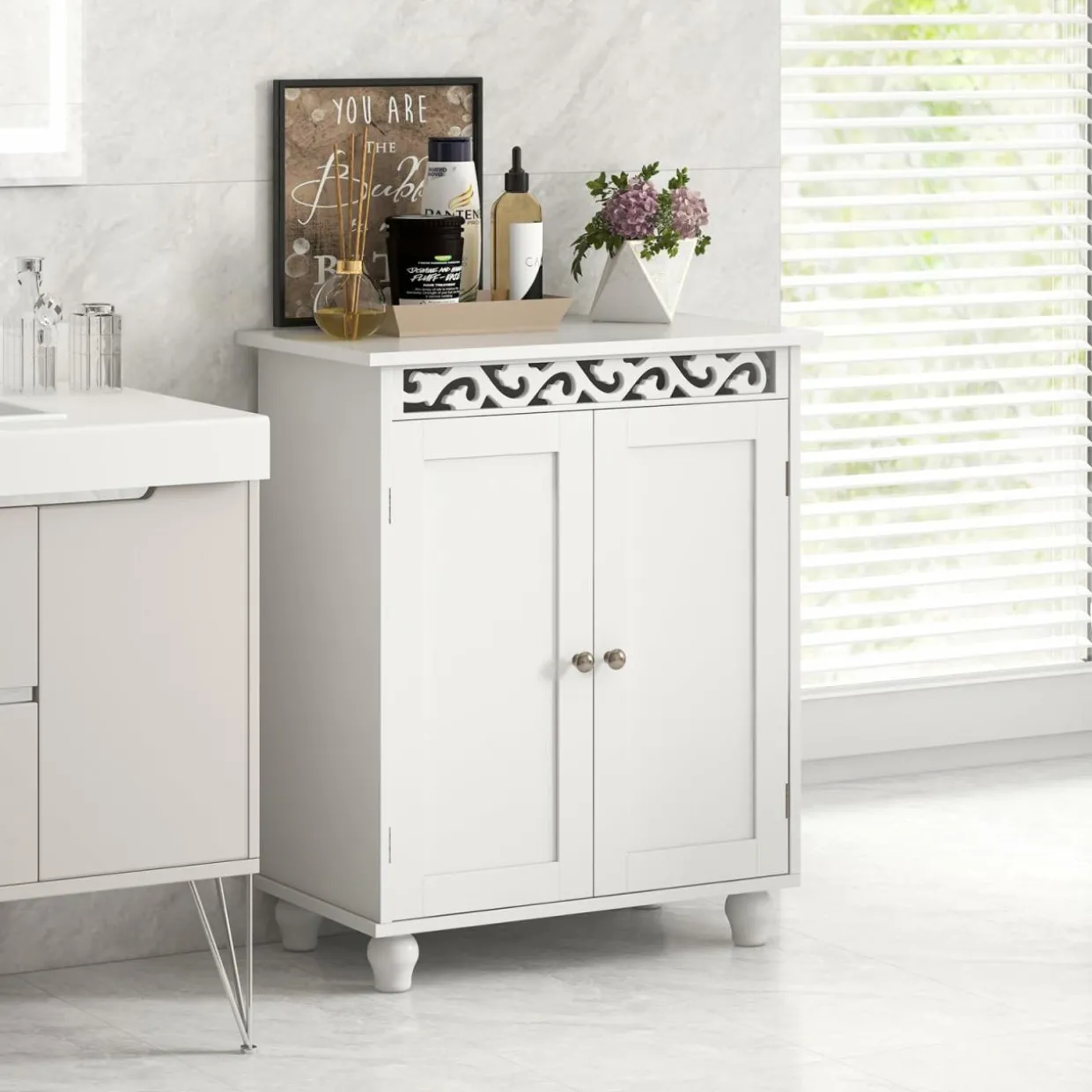 Tangkula Bathroom Floor Cabinet, Modern Carved Design Freestanding Storage Cabinet (White)