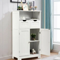 Tangkula Bathroom Floor Cabinet, Storage Cabinet w/One Open Shelf Two Doors and Two Adjustable Drawers, Standing Cupboard for Kitchen