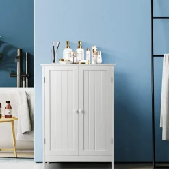 Tangkula Bathroom Floor Cabinet, Wooden Floor Storage Cabinet with Double Doors