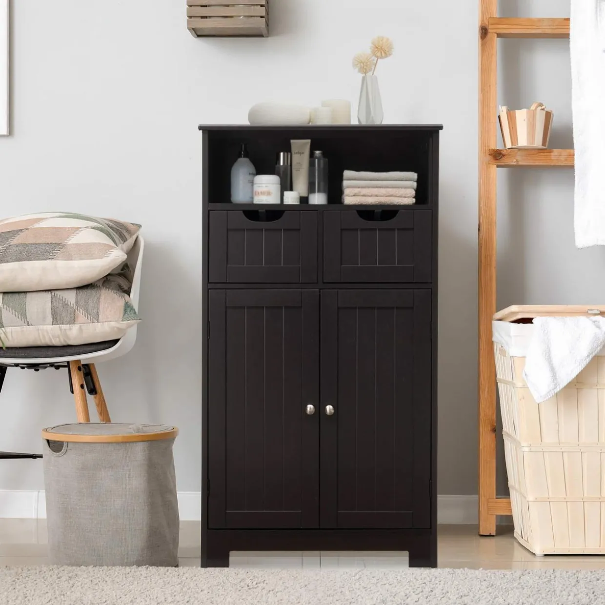Tangkula Bathroom Floor Cabinet, Storage Cabinet w/One Open Shelf Two Doors and Two Adjustable Drawers, Standing Cupboard for Kitchen