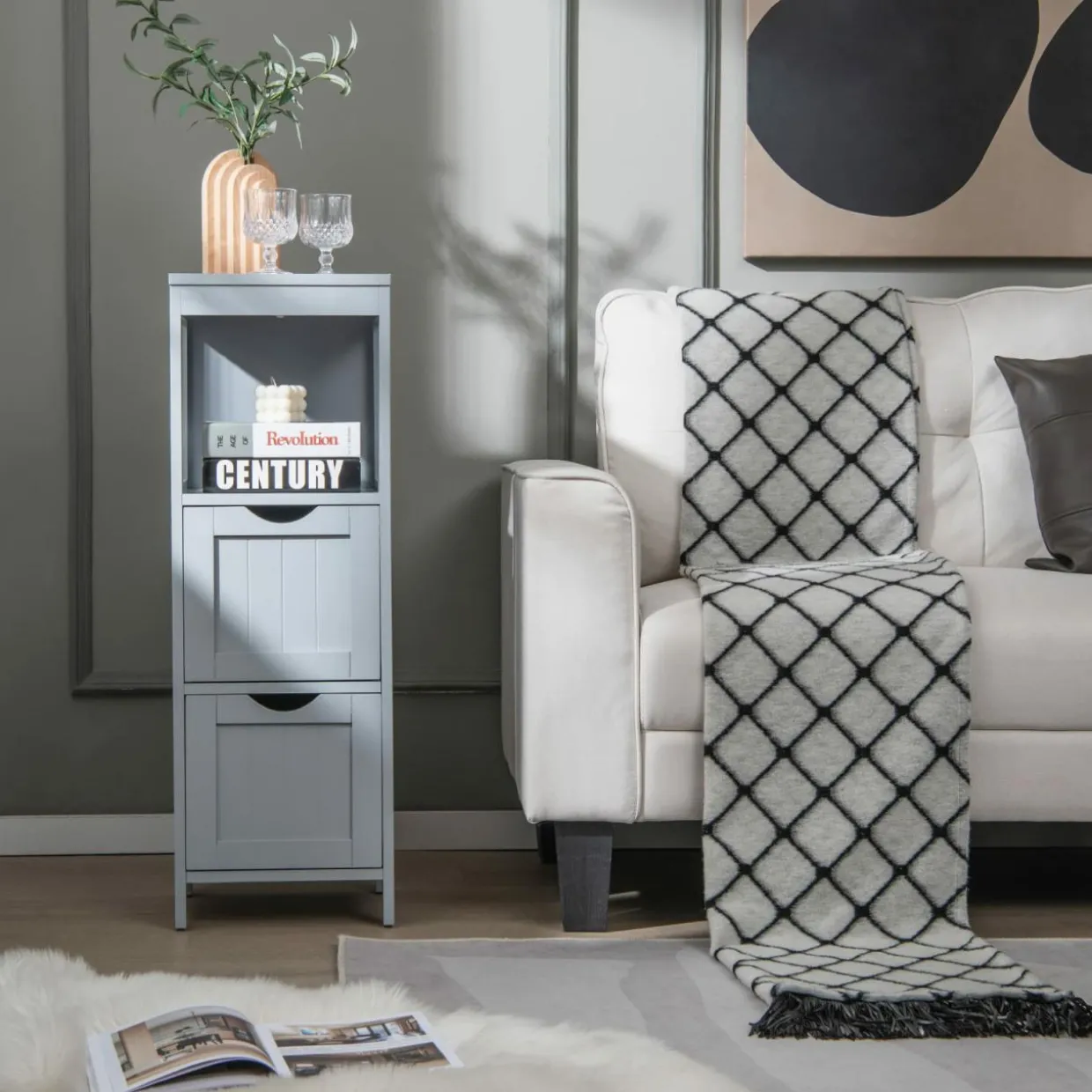 Tangkula Bathroom Floor Cabinet, Multifunctional Storage Cabinet with 2 Removable Drawers & Open Shelf