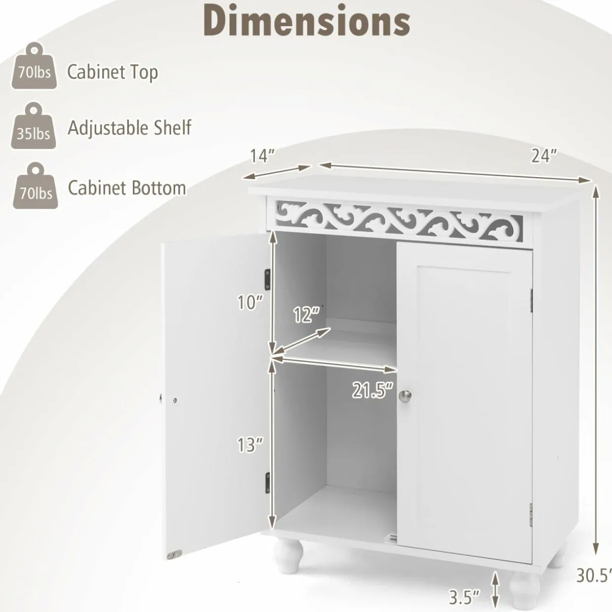 Tangkula Bathroom Floor Cabinet, Modern Carved Design Freestanding Storage Cabinet (White)