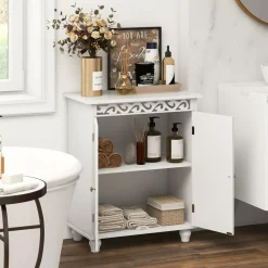 Tangkula Bathroom Floor Cabinet, Modern Carved Design Freestanding Storage Cabinet (White)