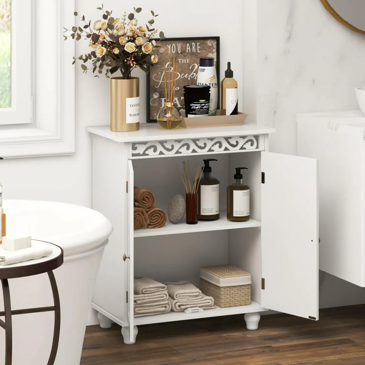 Tangkula Bathroom Floor Cabinet, Modern Carved Design Freestanding Storage Cabinet (White)