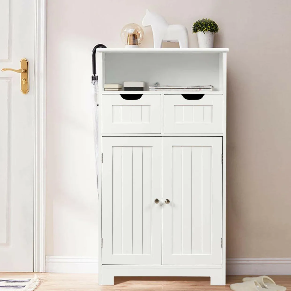 Tangkula Bathroom Floor Cabinet, Storage Cabinet w/One Open Shelf Two Doors and Two Adjustable Drawers, Standing Cupboard for Kitchen