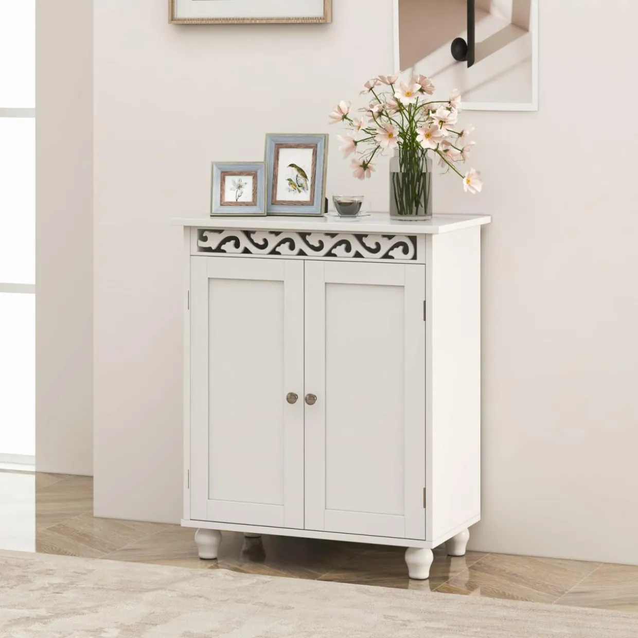 Tangkula Bathroom Floor Cabinet, Modern Carved Design Freestanding Storage Cabinet (White)
