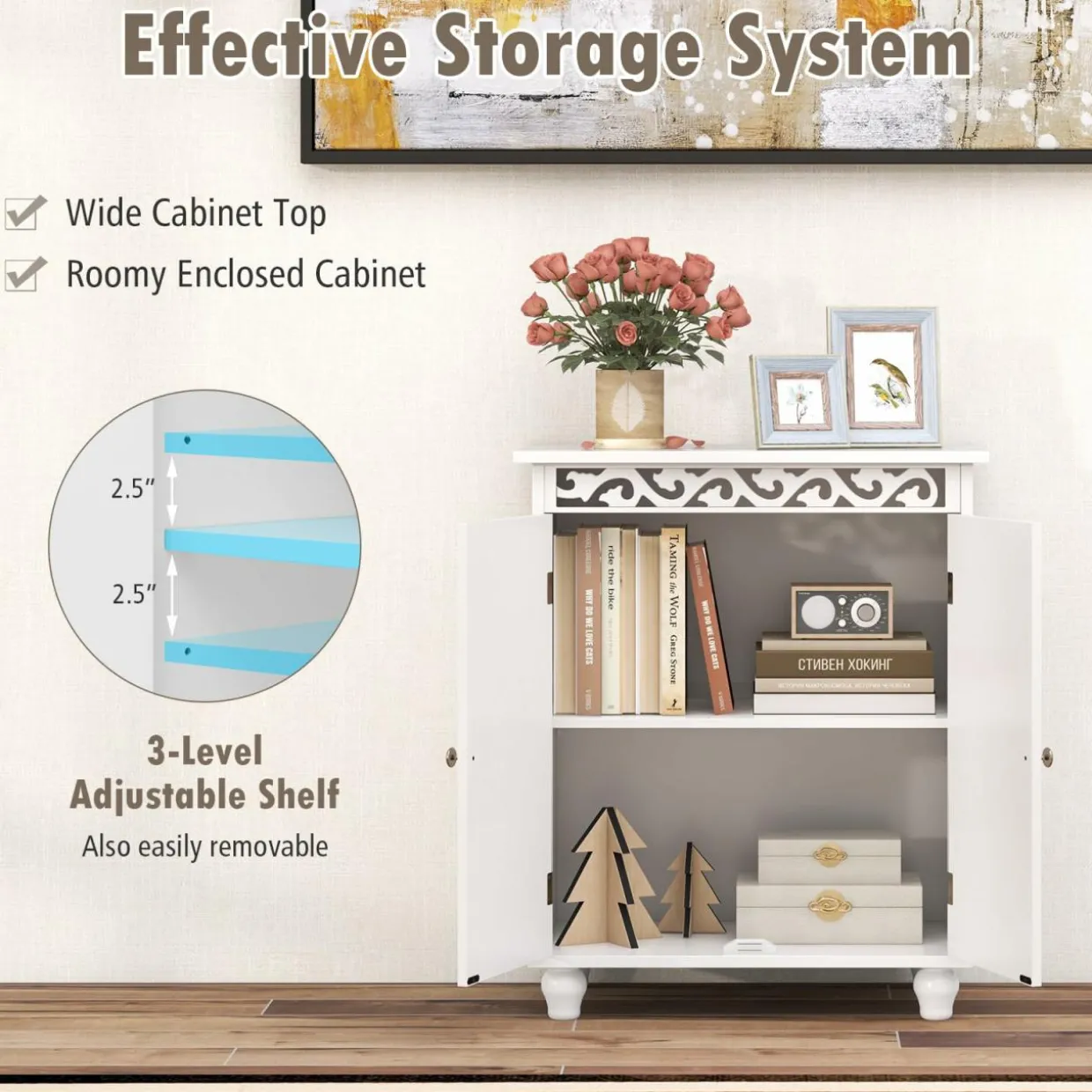 Tangkula Bathroom Floor Cabinet, Modern Carved Design Freestanding Storage Cabinet (White)