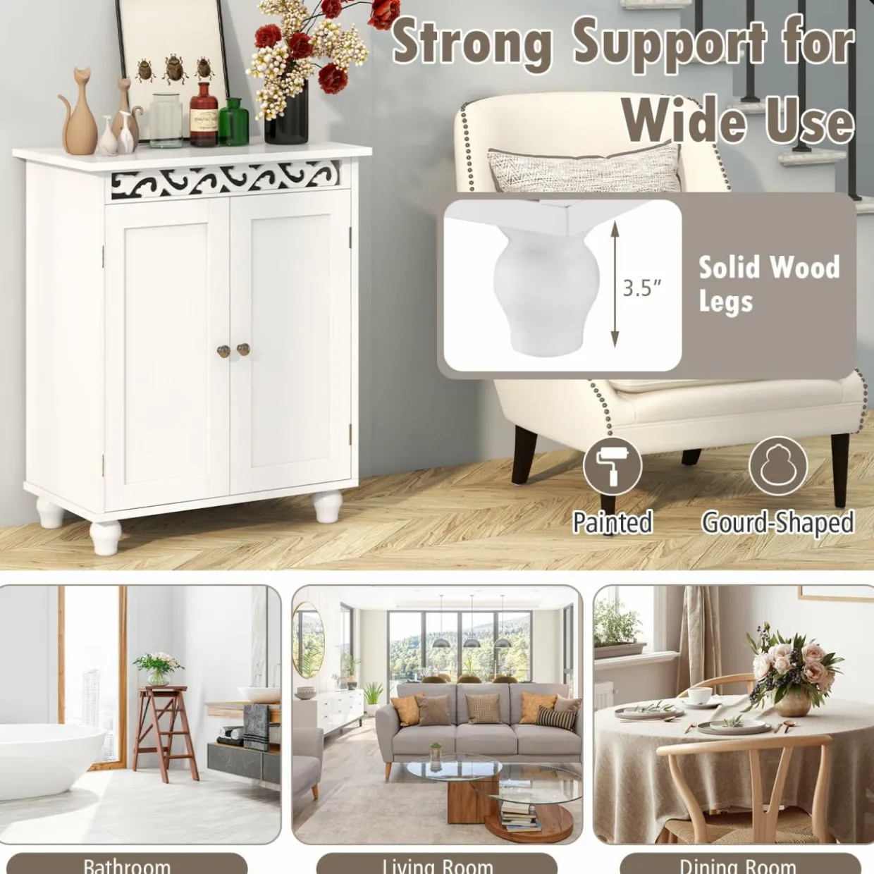 Tangkula Bathroom Floor Cabinet, Modern Carved Design Freestanding Storage Cabinet (White)