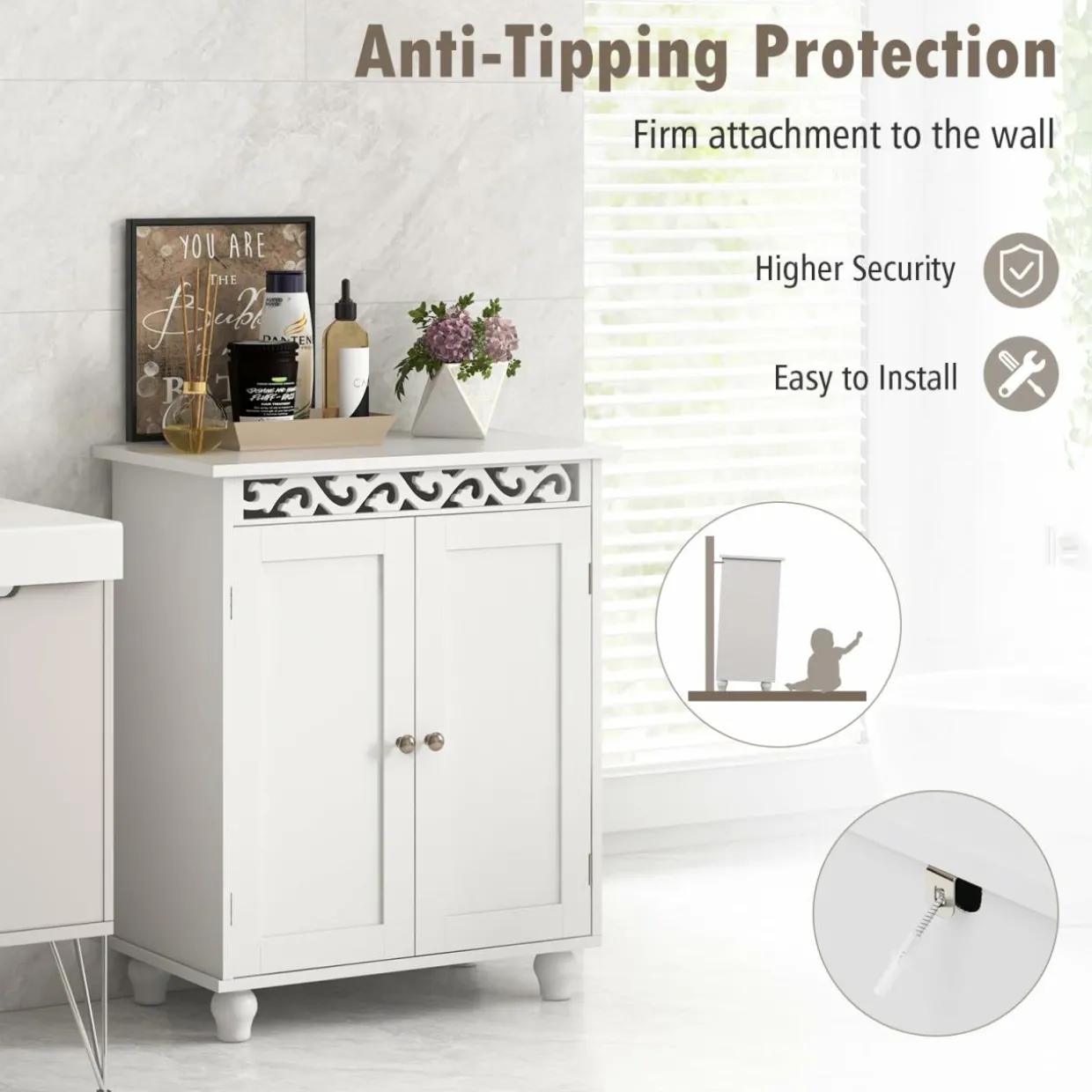 Tangkula Bathroom Floor Cabinet, Modern Carved Design Freestanding Storage Cabinet (White)