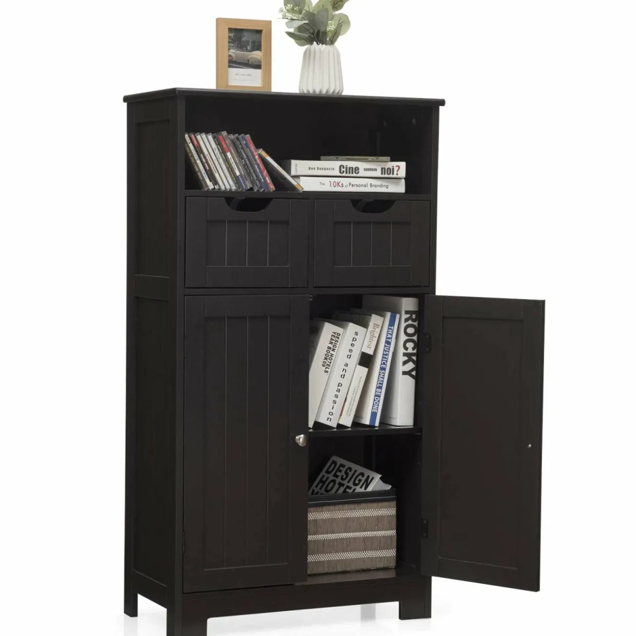 Tangkula Bathroom Floor Cabinet, Storage Cabinet w/One Open Shelf Two Doors and Two Adjustable Drawers, Standing Cupboard for Kitchen