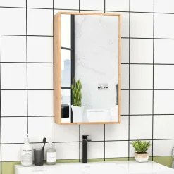 Tangkula Bathroom Medicine Cabinet, Wall Mounted Bamboo Bathroom Cabinet with Single Mirror Door