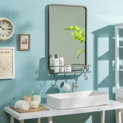 Tangkula Bathroom Mirror w/ Shelf & 4 Hooks, 33" x 19" Rectangle Vanity Mirror