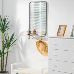 Tangkula Bathroom Mirror w/ Shelf & 4 Hooks, 33