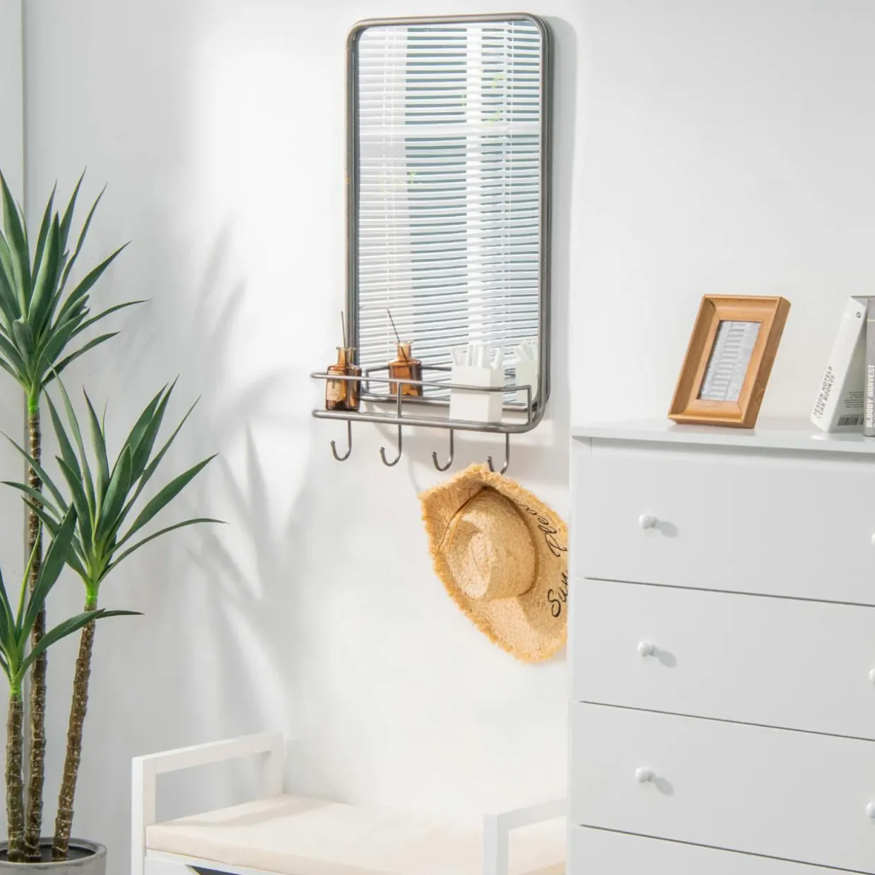 Tangkula Bathroom Mirror w/ Shelf & 4 Hooks, 33" x 19" Rectangle Vanity Mirror