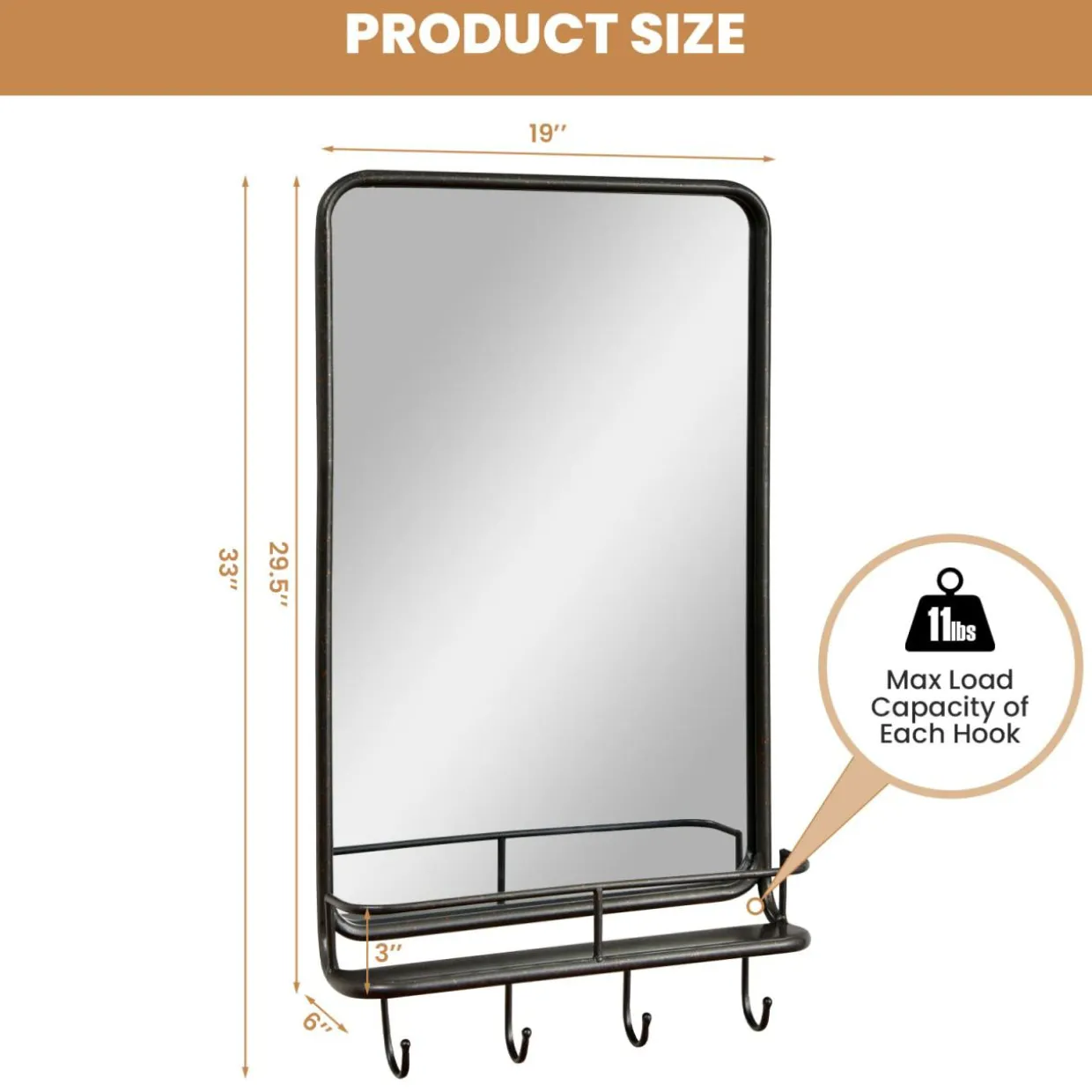 Tangkula Bathroom Mirror w/ Shelf & 4 Hooks, 33" x 19" Rectangle Vanity Mirror