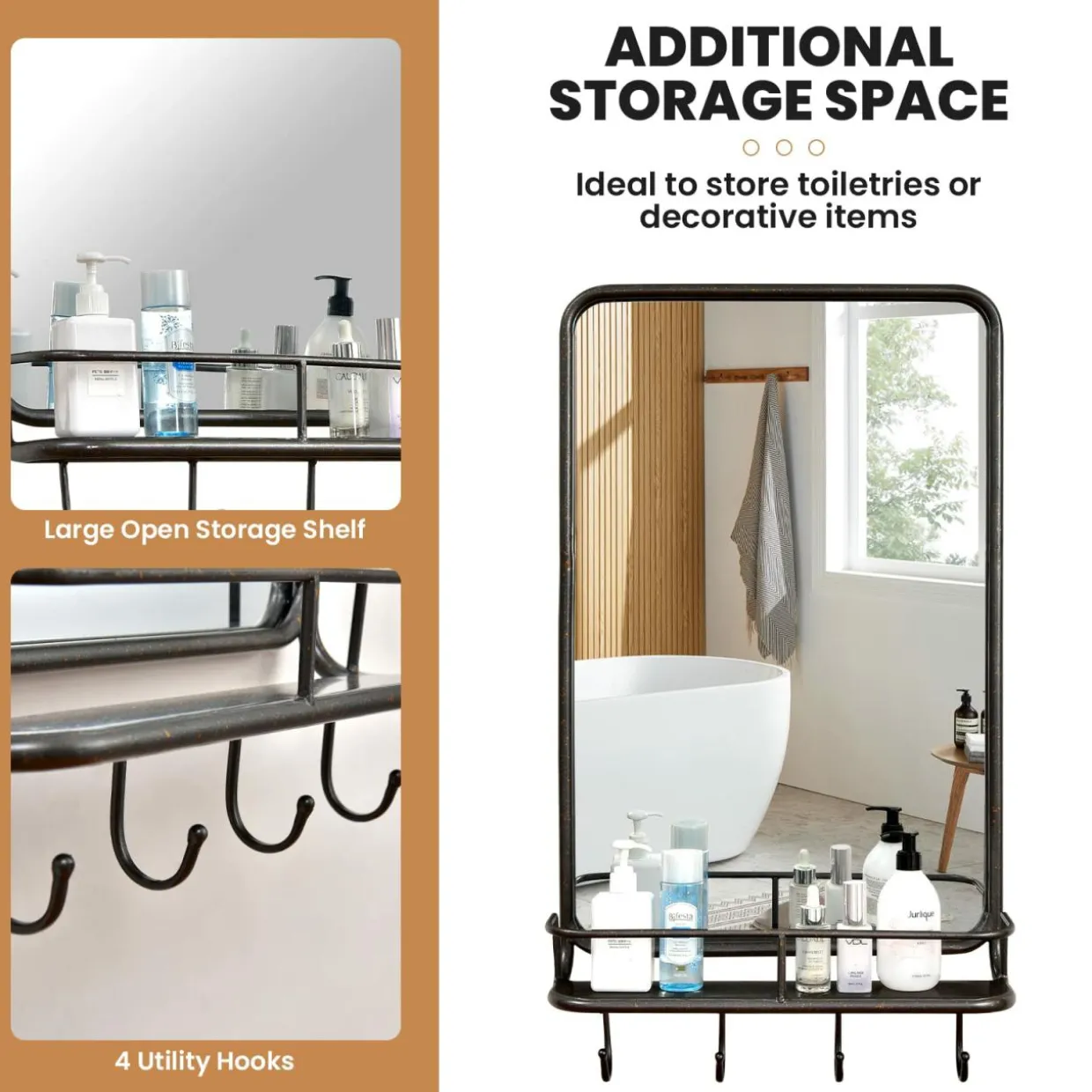 Tangkula Bathroom Mirror w/ Shelf & 4 Hooks, 33" x 19" Rectangle Vanity Mirror
