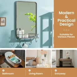 Tangkula Bathroom Mirror w/ Shelf & 4 Hooks, 33