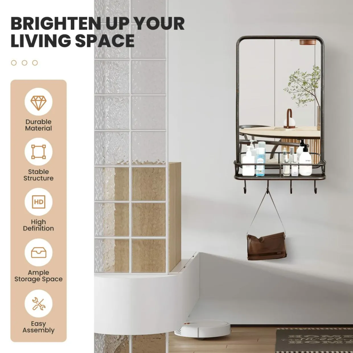 Tangkula Bathroom Mirror w/ Shelf & 4 Hooks, 33" x 19" Rectangle Vanity Mirror