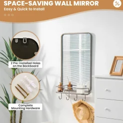Tangkula Bathroom Mirror w/ Shelf & 4 Hooks, 33