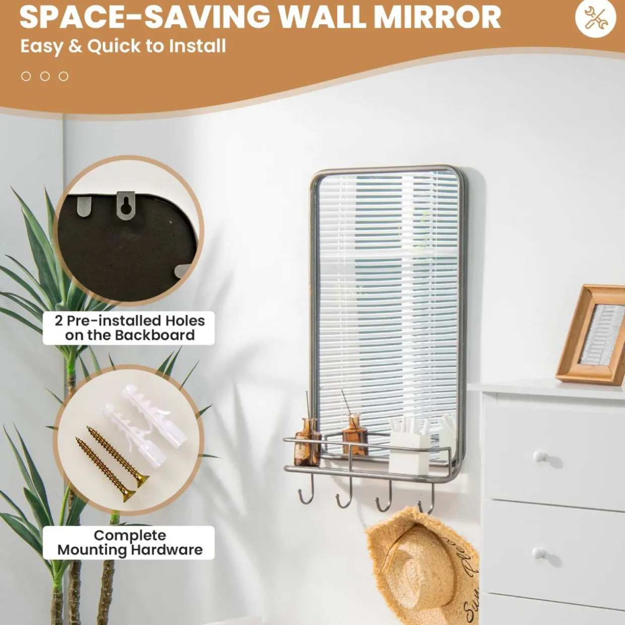 Tangkula Bathroom Mirror w/ Shelf & 4 Hooks, 33" x 19" Rectangle Vanity Mirror