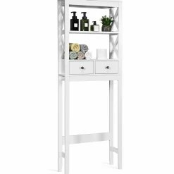 Tangkula Bathroom Space Saver, Over The Toilet Shelf, X-Frame Bathroom Storage Shelf Organizer with 2 Drawers (White)