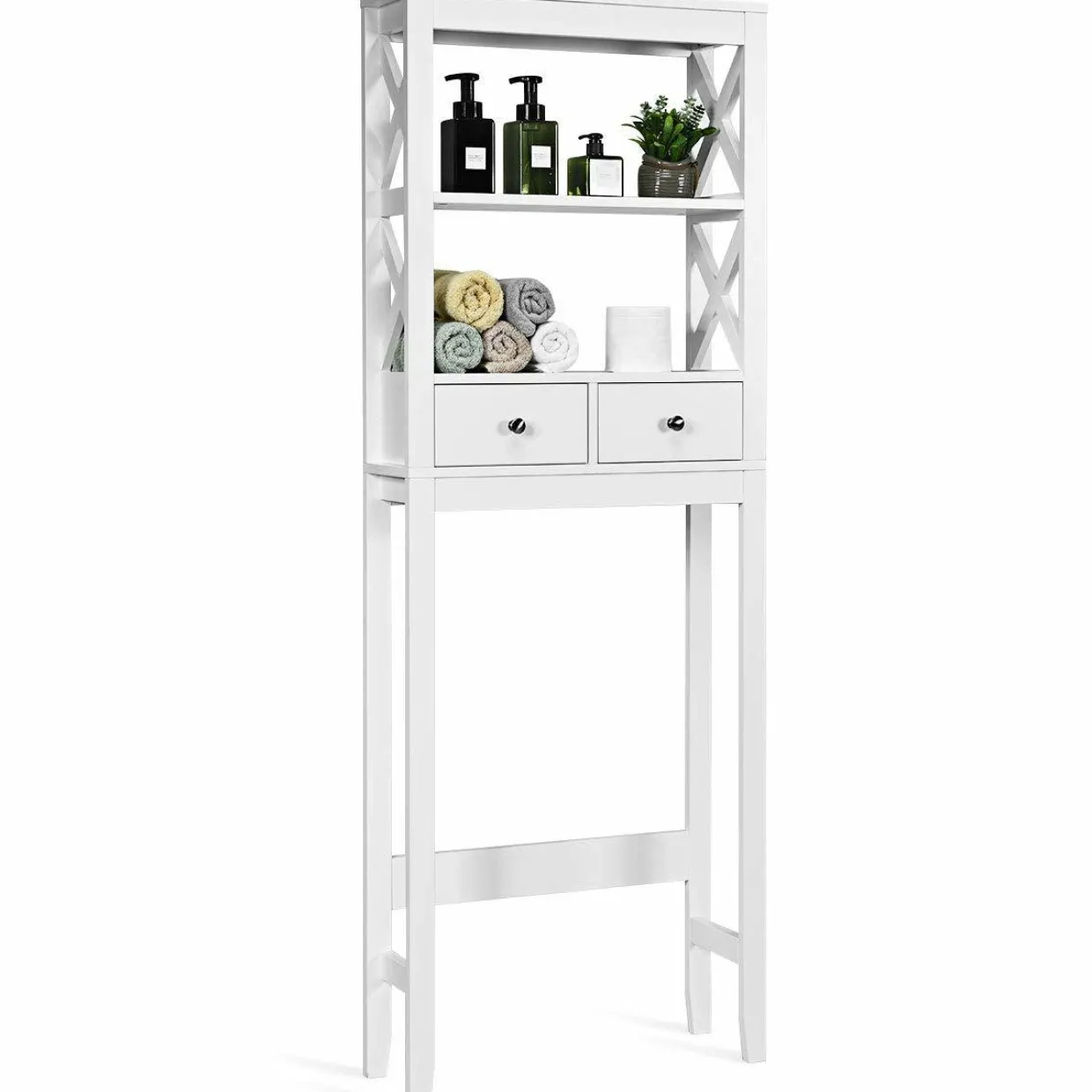 Tangkula Bathroom Space Saver, Over The Toilet Shelf, X-Frame Bathroom Storage Shelf Organizer with 2 Drawers (White)