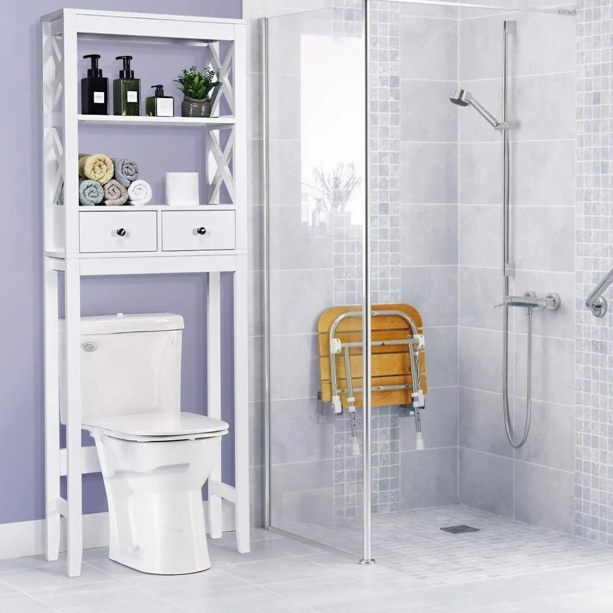 Tangkula Bathroom Space Saver, Over The Toilet Shelf, X-Frame Bathroom Storage Shelf Organizer with 2 Drawers (White)