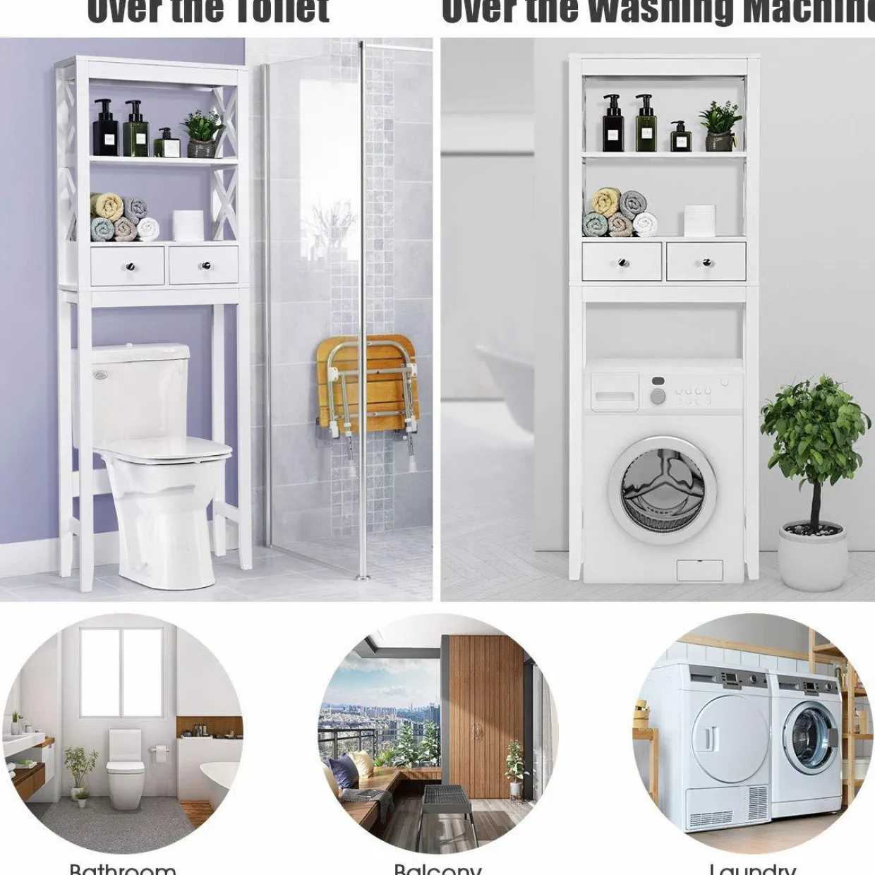 Tangkula Bathroom Space Saver, Over The Toilet Shelf, X-Frame Bathroom Storage Shelf Organizer with 2 Drawers (White)