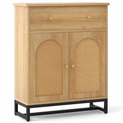 Tangkula Bathroom Storage Cabinet with Rattan Doors & Drawer, Sideboard Buffet Cabinet Coffee Bar(Farmhouse, Natural)