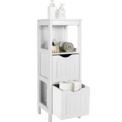 Tangkula Bathroom Storage Cabinet with 2 Drawers, Side Floor Cabinet with 2 Switchable Drawers (White)