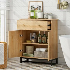 Tangkula Bathroom Storage Cabinet with Rattan Doors & Drawer, Sideboard Buffet Cabinet Coffee Bar(Farmhouse, Natural)