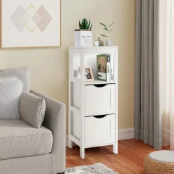 Tangkula Bathroom Storage Cabinet with 2 Drawers, Side Floor Cabinet with 2 Switchable Drawers (White)