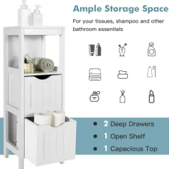 Tangkula Bathroom Storage Cabinet with 2 Drawers, Side Floor Cabinet with 2 Switchable Drawers (White)