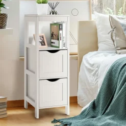 Tangkula Bathroom Storage Cabinet with 2 Drawers, Side Floor Cabinet with 2 Switchable Drawers (White)