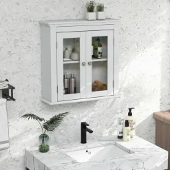 Tangkula Bathroom Wall Cabinet with Tempered Glass Doors, Wall Mounted Storage Cabinet