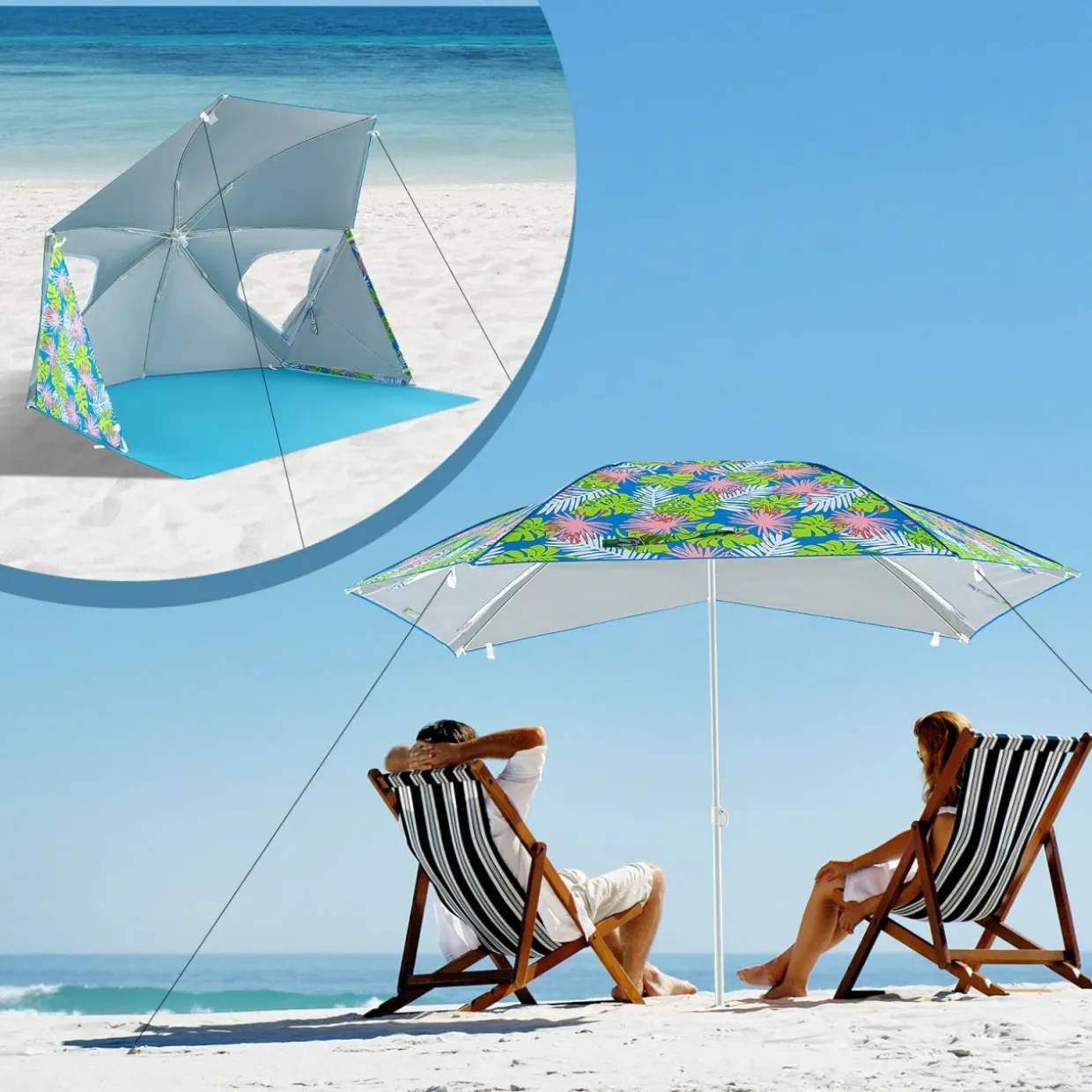 Tangkula Beach Tent for 2-4 People, 2-in-1 Beach Tent Sun Shelter with Extendable Floor