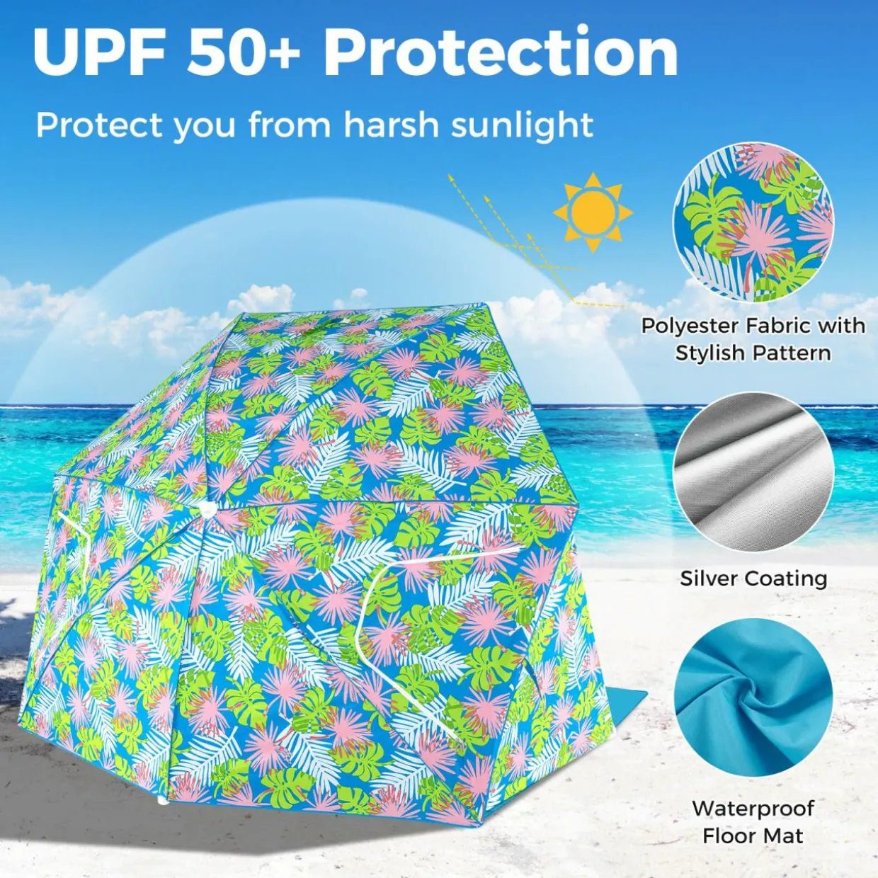 Tangkula Beach Tent for 2-4 People, 2-in-1 Beach Tent Sun Shelter with Extendable Floor